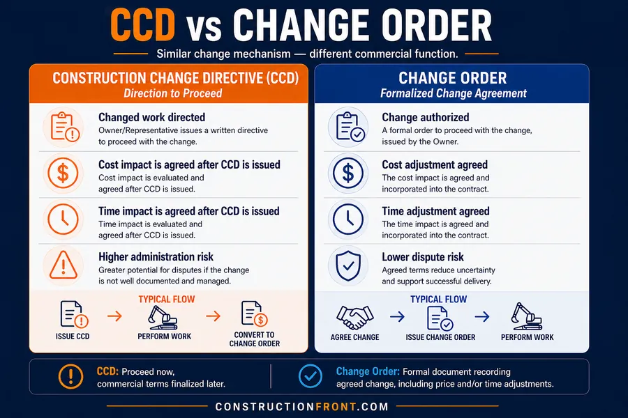 Infographic comparing Construction Change Directives (CCD) and Change Orders, showing differences in commercial function, cost and time treatment, dispute risk, and the typical workflow from directed change through formalized change agreement.