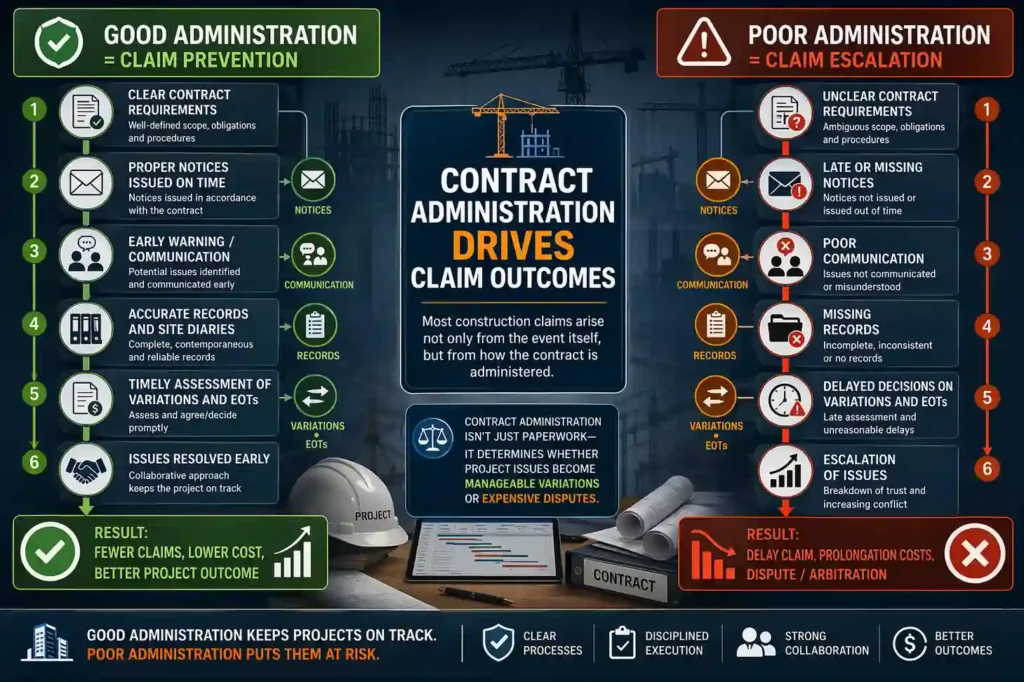 Construction claims and contract administration infographic showing how good contract administration, including timely notices, communication, records, variations and EOT assessments, leads to fewer claims, while poor administration results in delays, prolongation costs and disputes.