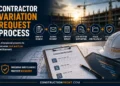Contractor variation request process featured image showing site engineers reviewing a variation request with drawings, programme data and a simplified workflow illustrating how contractors preserve cost and time entitlement.