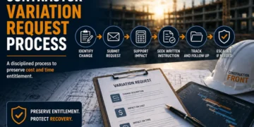 Contractor variation request process featured image showing site engineers reviewing a variation request with drawings, programme data and a simplified workflow illustrating how contractors preserve cost and time entitlement.