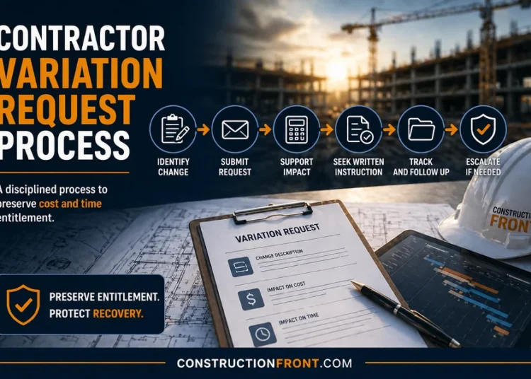 Contractor variation request process featured image showing site engineers reviewing a variation request with drawings, programme data and a simplified workflow illustrating how contractors preserve cost and time entitlement.