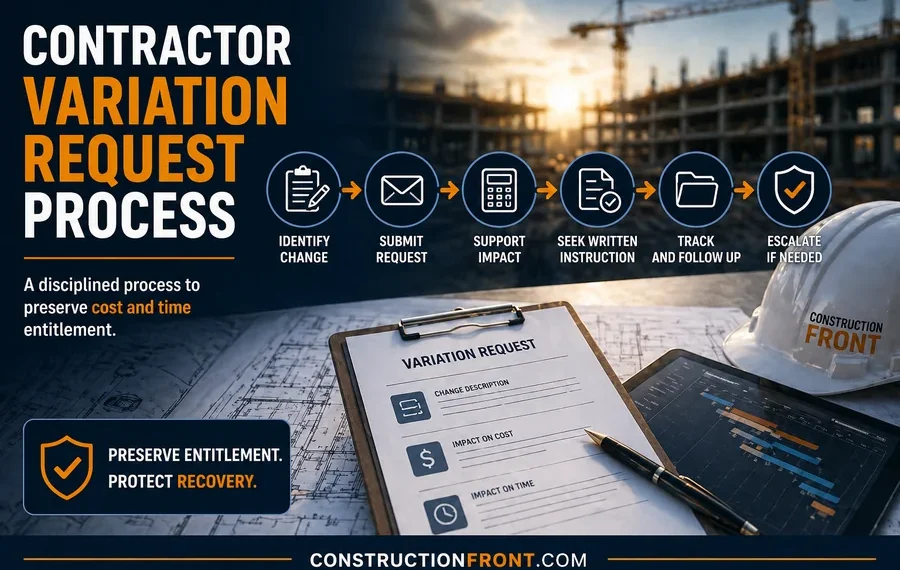 Contractor variation request process featured image showing site engineers reviewing a variation request with drawings, programme data and a simplified workflow illustrating how contractors preserve cost and time entitlement.