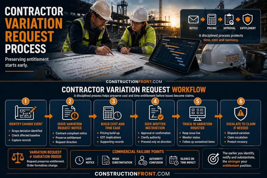Infographic showing the contractor variation request workflow, including identifying a change event, issuing a variation request notice, building cost and time substantiation, seeking instruction, tracking in a variation register and escalating unresolved issues to a claim.