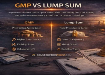 Construction infographic comparing GMP and lump sum contracts, showing GMP as a later price ceiling with higher transparency and evolving scope, versus lump sum as an earlier fixed price with mature scope and early risk transfer