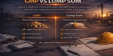 Construction infographic comparing GMP and lump sum contracts, showing GMP as a later price ceiling with higher transparency and evolving scope, versus lump sum as an earlier fixed price with mature scope and early risk transfer