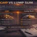 Construction infographic comparing GMP and lump sum contracts, showing GMP as a later price ceiling with higher transparency and evolving scope, versus lump sum as an earlier fixed price with mature scope and early risk transfer