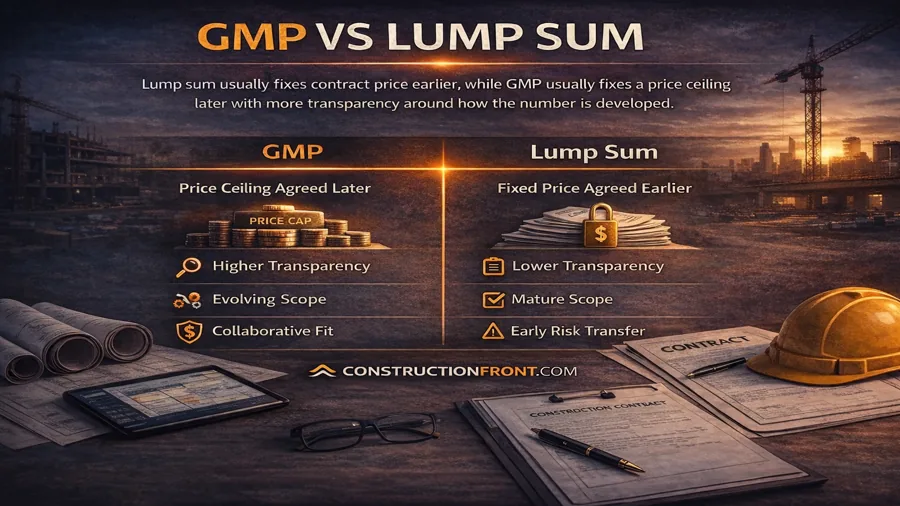 Construction infographic comparing GMP and lump sum contracts, showing GMP as a later price ceiling with higher transparency and evolving scope, versus lump sum as an earlier fixed price with mature scope and early risk transfer