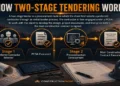 Construction infographic showing how two-stage tendering works, with Stage 1 contractor selection, PCSA execution, Stage 2 preconstruction development, and the final construction contract.
