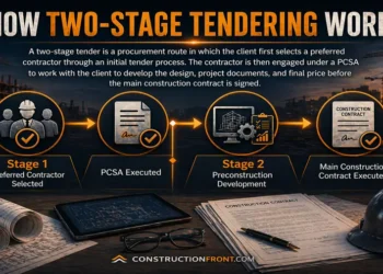 Construction infographic showing how two-stage tendering works, with Stage 1 contractor selection, PCSA execution, Stage 2 preconstruction development, and the final construction contract.