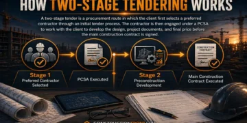 Construction infographic showing how two-stage tendering works, with Stage 1 contractor selection, PCSA execution, Stage 2 preconstruction development, and the final construction contract.