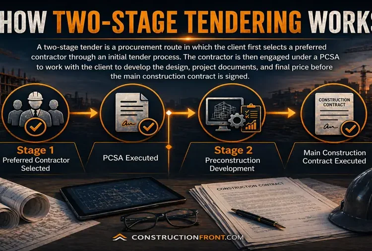 Construction infographic showing how two-stage tendering works, with Stage 1 contractor selection, PCSA execution, Stage 2 preconstruction development, and the final construction contract.