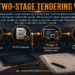 Construction infographic showing how two-stage tendering works, with Stage 1 contractor selection, PCSA execution, Stage 2 preconstruction development, and the final construction contract.