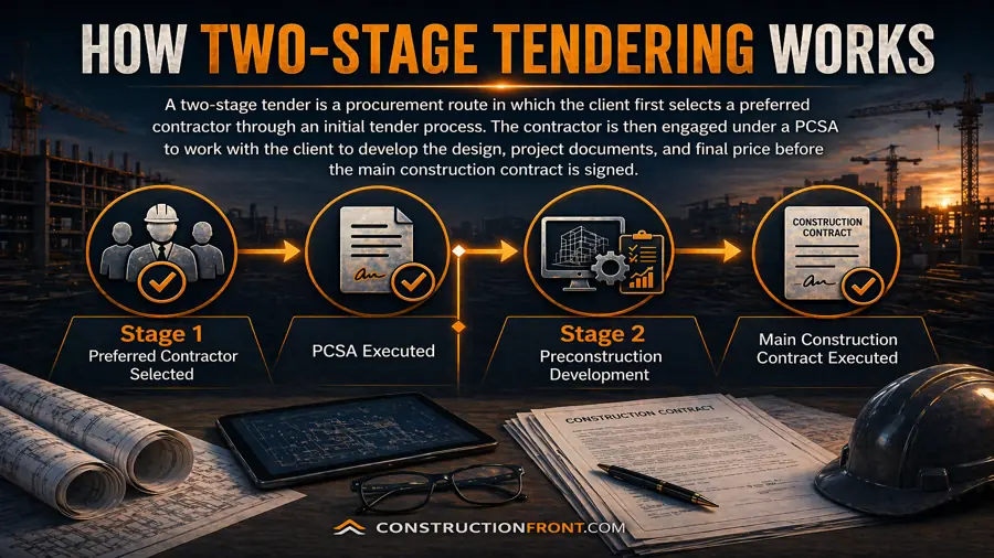 Construction infographic showing how two-stage tendering works, with Stage 1 contractor selection, PCSA execution, Stage 2 preconstruction development, and the final construction contract.