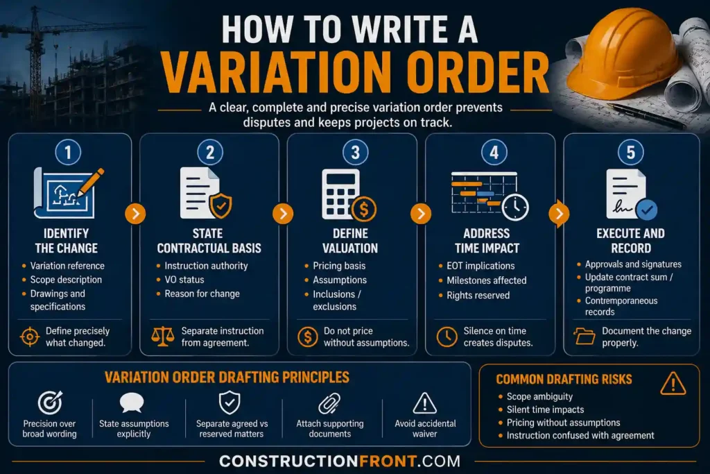 Infographic showing five core elements of writing a construction variation order, including defining the change, stating contractual authority, valuation, time impact, and executing and recording the change, plus drafting principles and common risks.