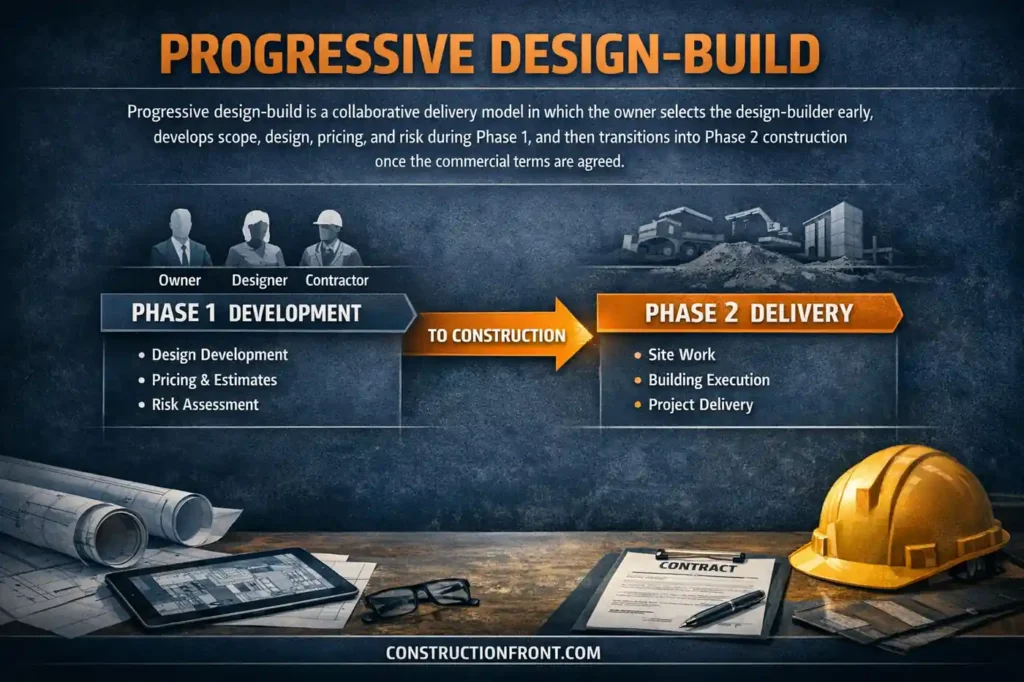 nfographic showing the two-phase structure of progressive design-build, with early collaborative development in Phase 1 and construction execution in Phase 2