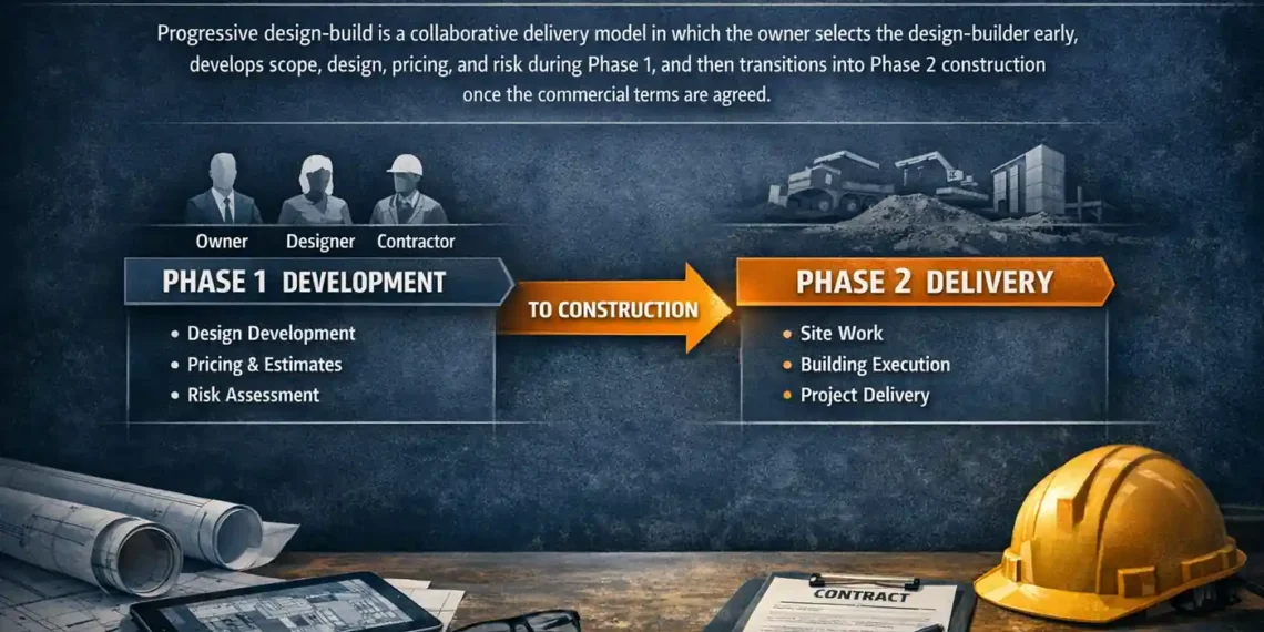 nfographic showing the two-phase structure of progressive design-build, with early collaborative development in Phase 1 and construction execution in Phase 2
