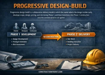 nfographic showing the two-phase structure of progressive design-build, with early collaborative development in Phase 1 and construction execution in Phase 2