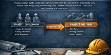 nfographic showing the two-phase structure of progressive design-build, with early collaborative development in Phase 1 and construction execution in Phase 2