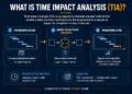 Time impact analysis infographic showing how a delay event is inserted into a construction programme to measure its impact on completion and milestones.