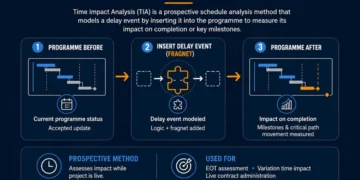 Time impact analysis infographic showing how a delay event is inserted into a construction programme to measure its impact on completion and milestones.