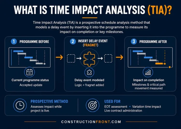 Time impact analysis infographic showing how a delay event is inserted into a construction programme to measure its impact on completion and milestones.