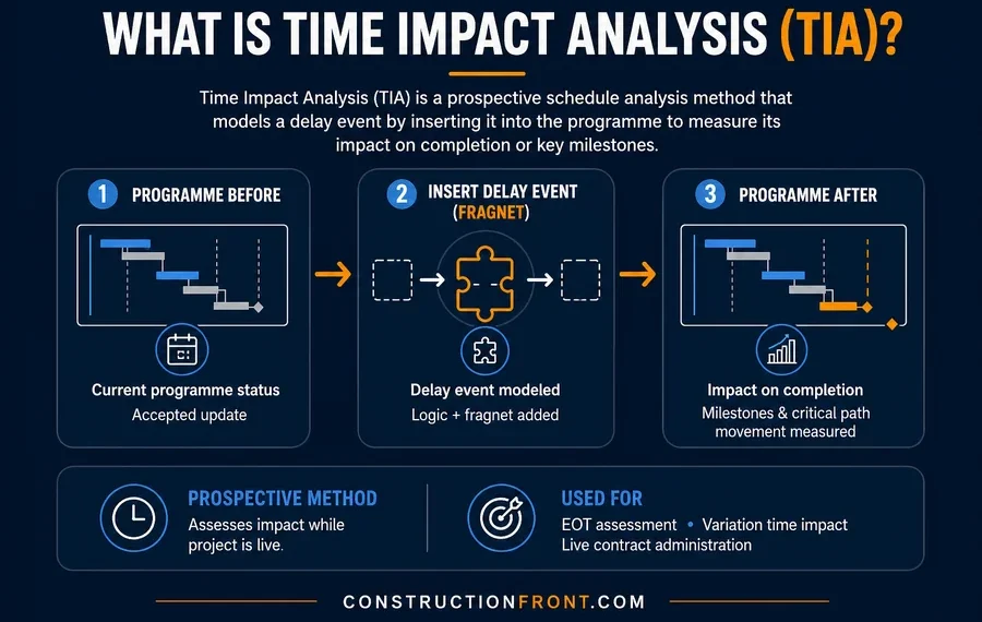 Time impact analysis infographic showing how a delay event is inserted into a construction programme to measure its impact on completion and milestones.