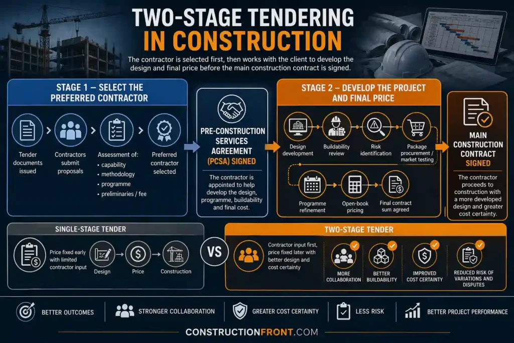 Two-stage tendering infographic showing Stage 1 contractor selection, the signing of a Pre-Construction Services Agreement (PCSA), and Stage 2 collaborative design development, pricing and final contract agreement before construction begin