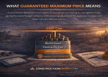 Editorial infographic explaining what a Guaranteed Maximum Price means in construction, showing a GMP cost cap above direct costs, contractor fee, contingency, and owner cost certainty.