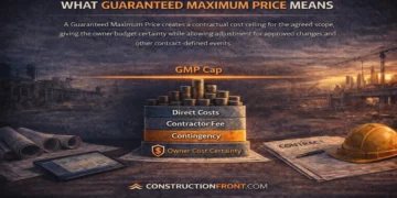 Editorial infographic explaining what a Guaranteed Maximum Price means in construction, showing a GMP cost cap above direct costs, contractor fee, contingency, and owner cost certainty.