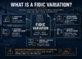 What is a FIDIC variation infographic showing five common types of variation, including quantities, specification, drawings, sequence, and omission or addition changes.