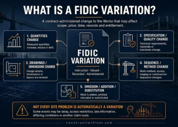 What is a FIDIC variation infographic showing five common types of variation, including quantities, specification, drawings, sequence, and omission or addition changes.