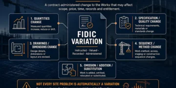 What is a FIDIC variation infographic showing five common types of variation, including quantities, specification, drawings, sequence, and omission or addition changes.