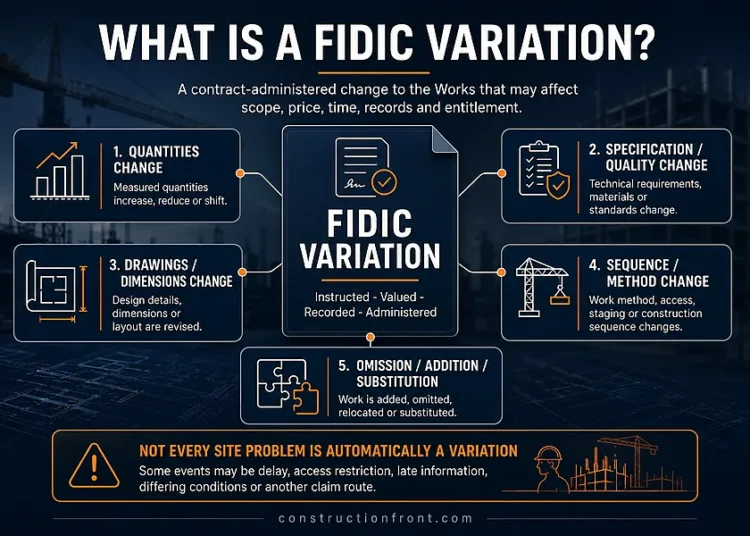 What is a FIDIC variation infographic showing five common types of variation, including quantities, specification, drawings, sequence, and omission or addition changes.