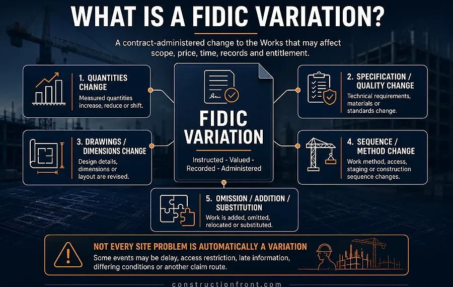What is a FIDIC variation infographic showing five common types of variation, including quantities, specification, drawings, sequence, and omission or addition changes.
