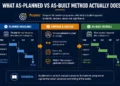 Infographic showing as-planned vs as-built analysis comparing a baseline programme with actual project performance to identify variance and assess delay impact.