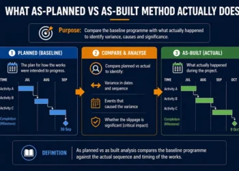 Infographic showing as-planned vs as-built analysis comparing a baseline programme with actual project performance to identify variance and assess delay impact.