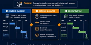 Infographic showing as-planned vs as-built analysis comparing a baseline programme with actual project performance to identify variance and assess delay impact.