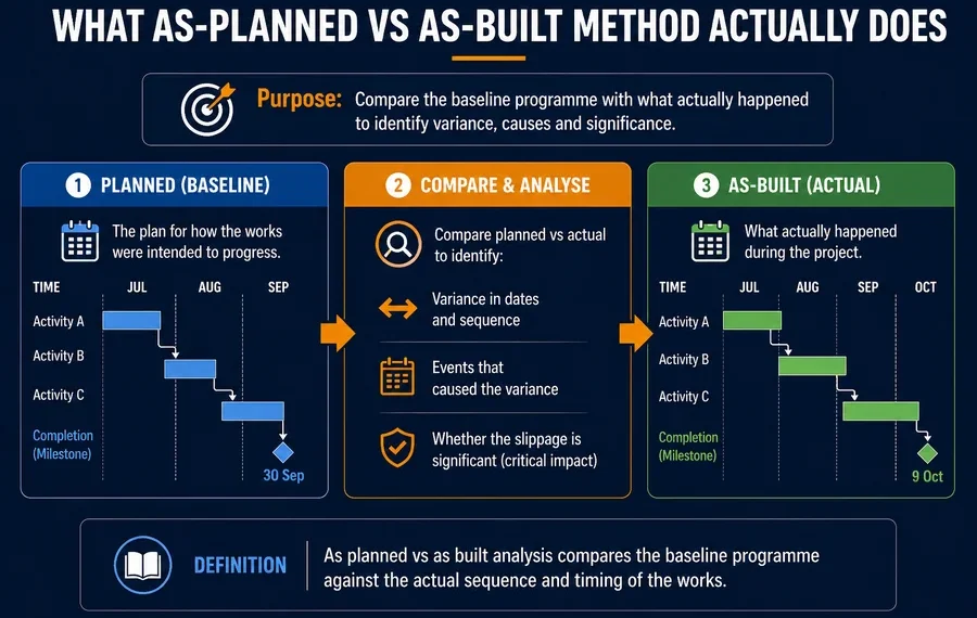 Infographic showing as-planned vs as-built analysis comparing a baseline programme with actual project performance to identify variance and assess delay impact.