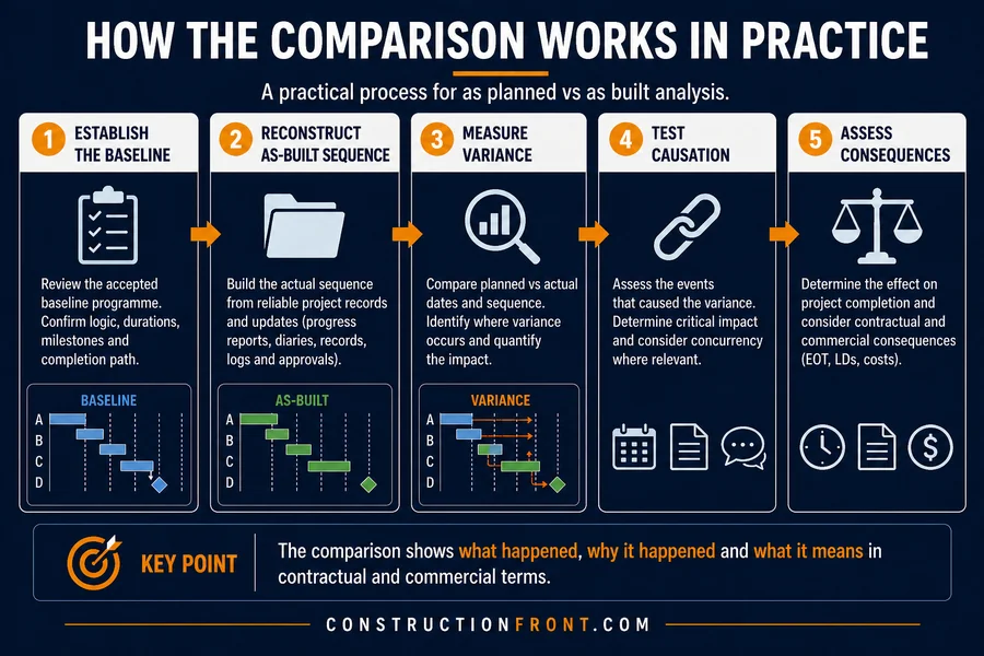 Step-by-step infographic showing how as-planned vs as-built analysis works in practice, including baseline validation, as-built reconstruction, variance measurement, causation testing, and assessment of contractual consequences.