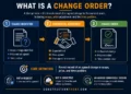 Change order infographic showing progression from identified change to commercial agreement and final formal change order including scope, price, and time position.