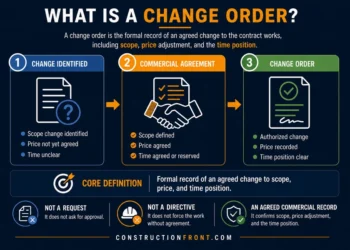 Change order infographic showing progression from identified change to commercial agreement and final formal change order including scope, price, and time position.