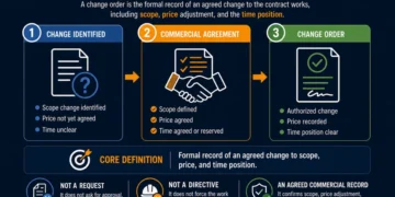 Change order infographic showing progression from identified change to commercial agreement and final formal change order including scope, price, and time position.