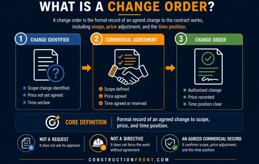 Change order infographic showing progression from identified change to commercial agreement and final formal change order including scope, price, and time position.