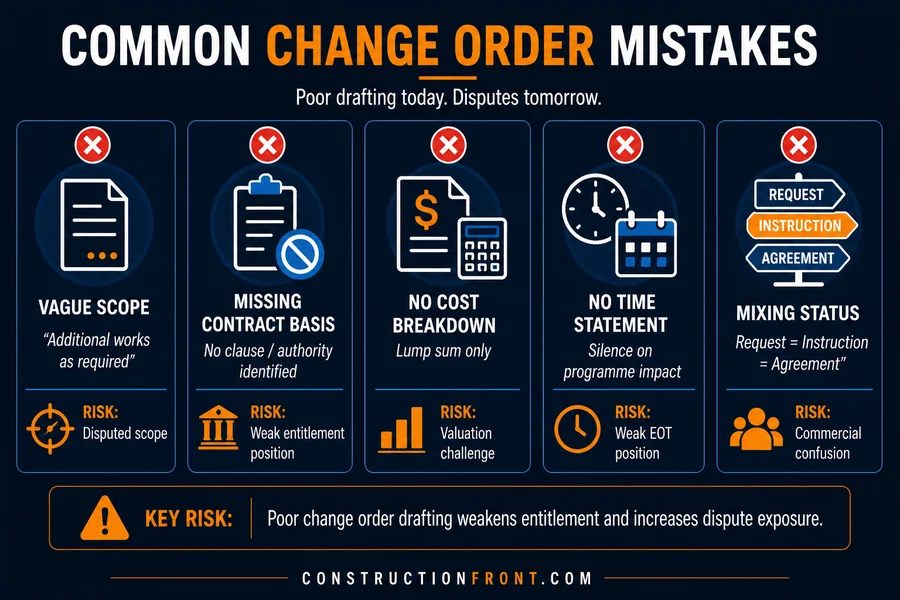 Infographic showing common construction change order drafting mistakes including vague scope, missing contractual basis, no cost breakdown, no time statement, and mixing request with agreemen