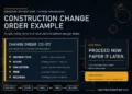Premium construction infographic showing a change order record, key commercial risks, and workflow steps for instruction, scope, valuation, time, and reservation control.