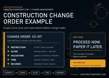 Premium construction infographic showing a change order record, key commercial risks, and workflow steps for instruction, scope, valuation, time, and reservation control.