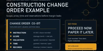 Premium construction infographic showing a change order record, key commercial risks, and workflow steps for instruction, scope, valuation, time, and reservation control.