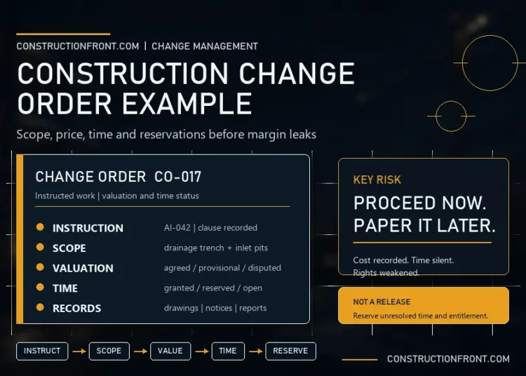 Premium construction infographic showing a change order record, key commercial risks, and workflow steps for instruction, scope, valuation, time, and reservation control.