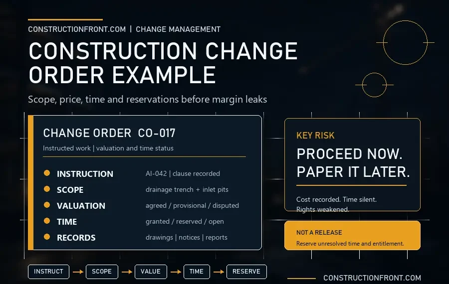 Premium construction infographic showing a change order record, key commercial risks, and workflow steps for instruction, scope, valuation, time, and reservation control.