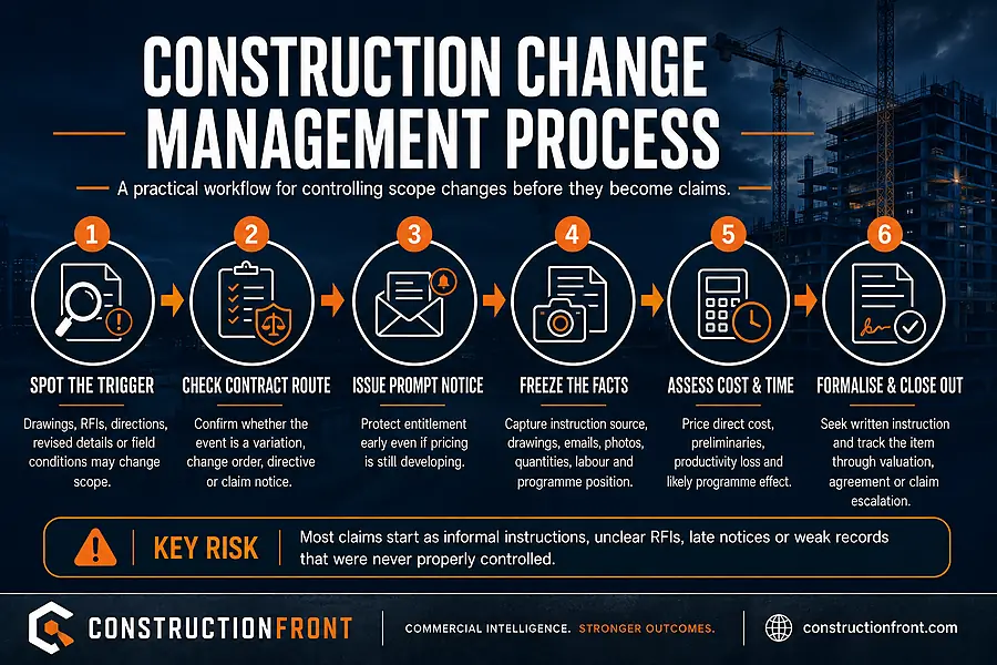 Construction change management process infographic showing a six-step workflow from spotting the trigger and checking the contract route to notice, records, cost assessment and close-out.